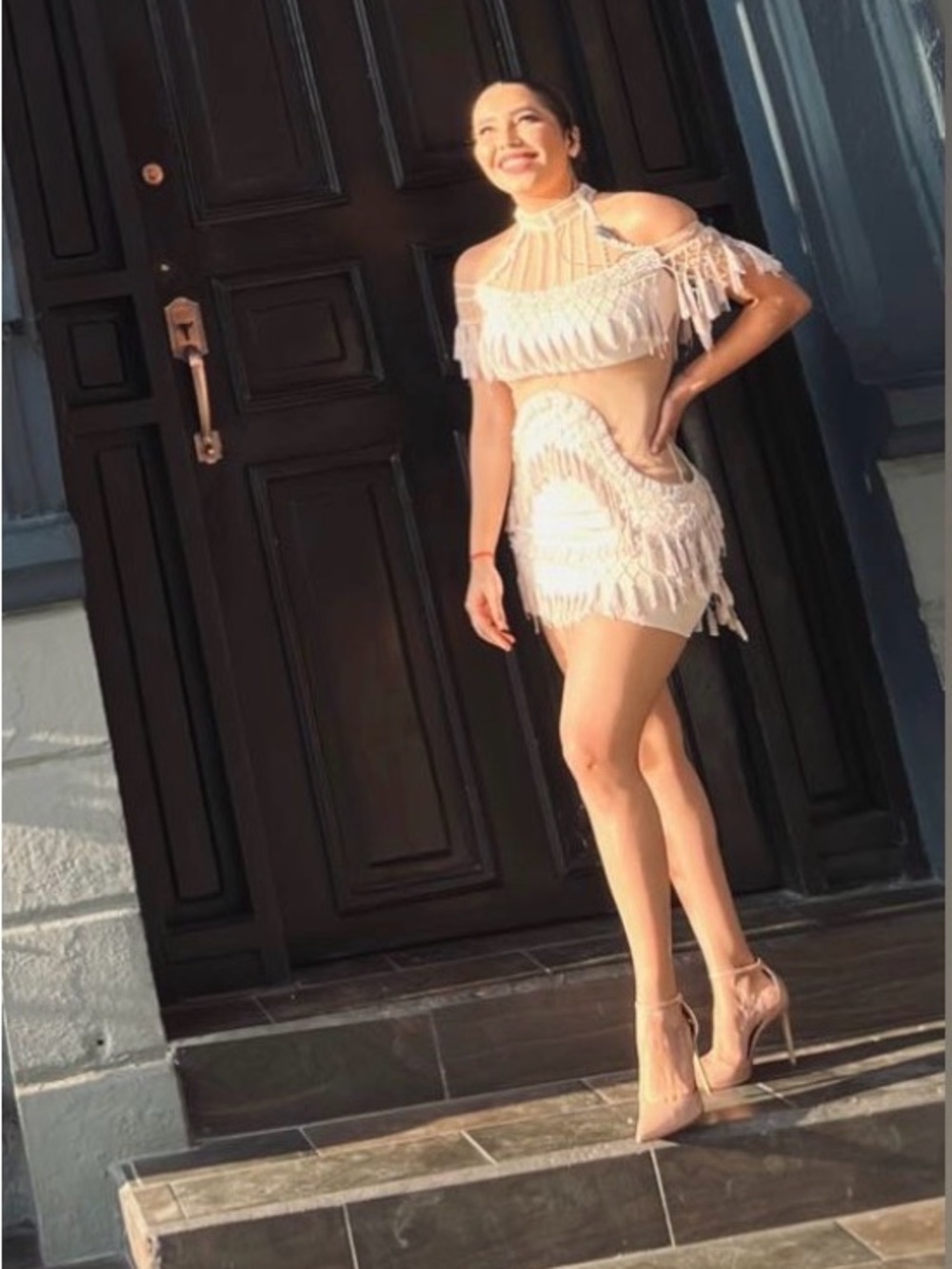 Fringe Cutout Mini Dress in Cream - Women's Party Dress